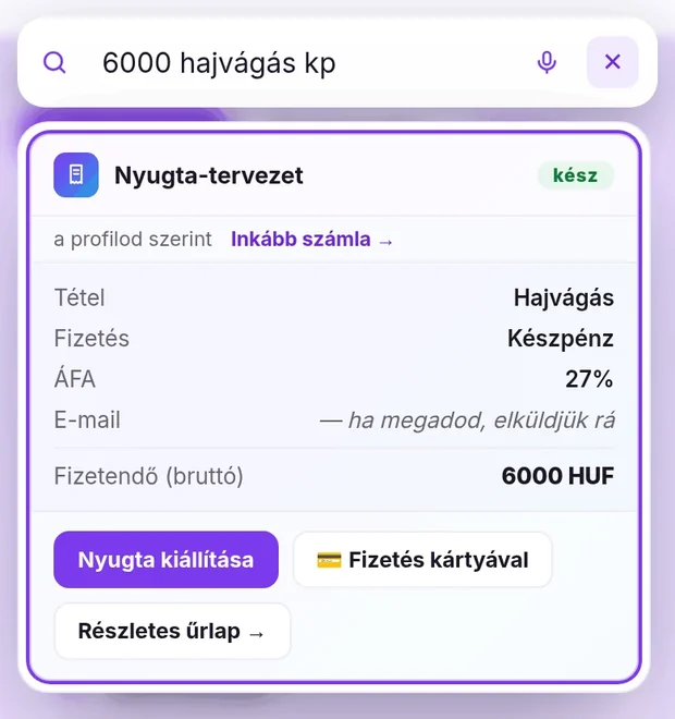 Quilly gyorsnyugta: a „6000 hajvágás kp” parancsból kész nyugta-tervezet, kiállításra készen