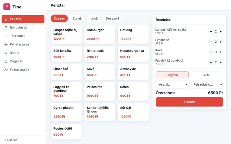 A Tine pénztára: termék-lapkák kategóriákkal és a nyitott rendelés